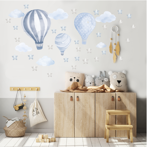 Heißluftballons "Wolken&Sterne" Blau-Grau Wandsticker