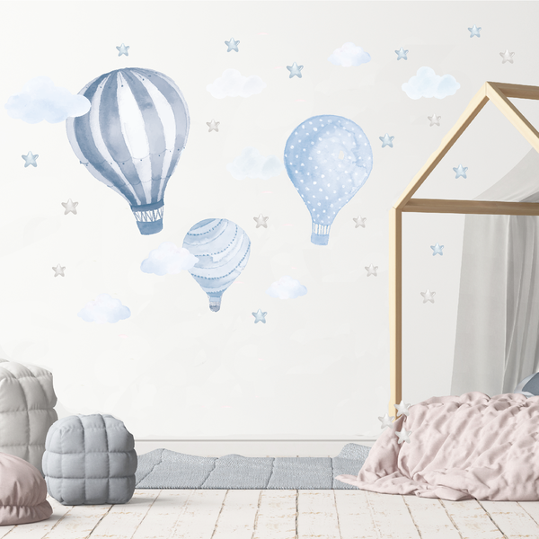 Heißluftballons "Wolken&Sterne" Blau-Grau Wandsticker