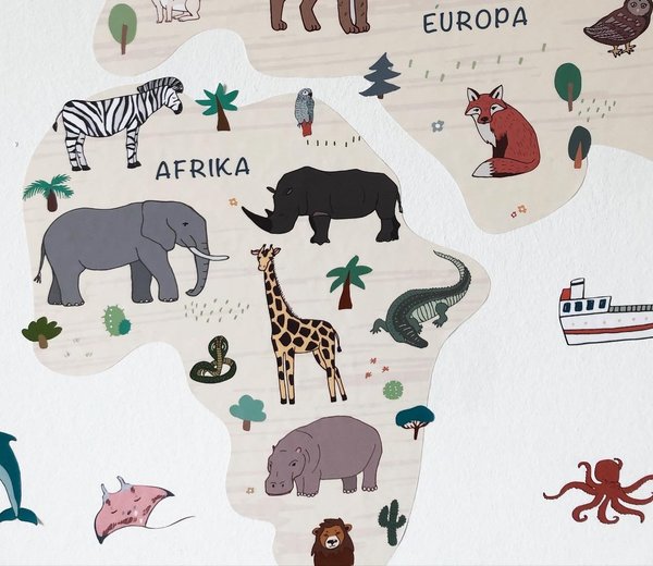 Weltkarte "Tiere Meere Kontinente" Wandsticker