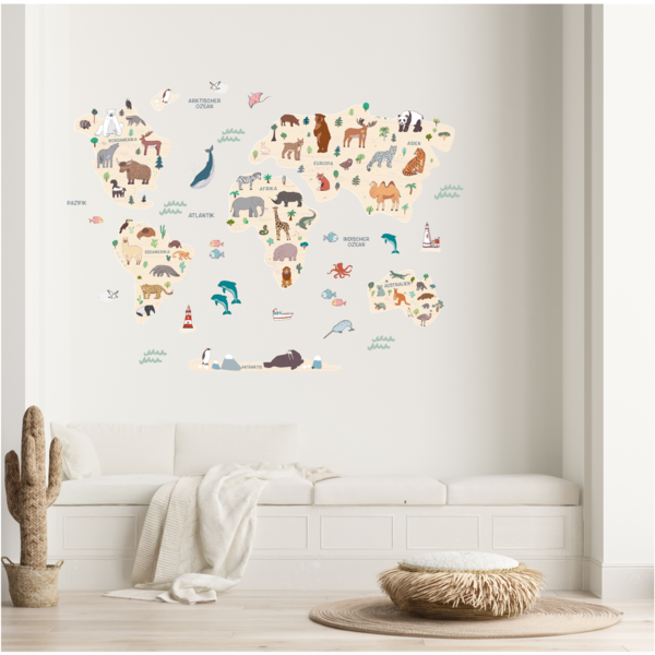 Weltkarte "Tiere Meere Kontinente" Wandsticker
