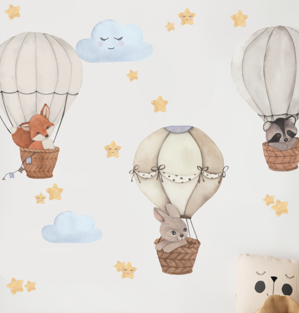 Wandsticker "Waldtiere mit Heißluftballons"
